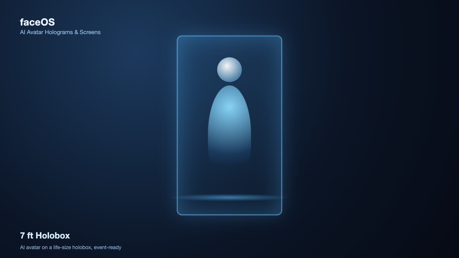 Illustration of a faceOS 7 ft holobox with a glowing AI avatar inside