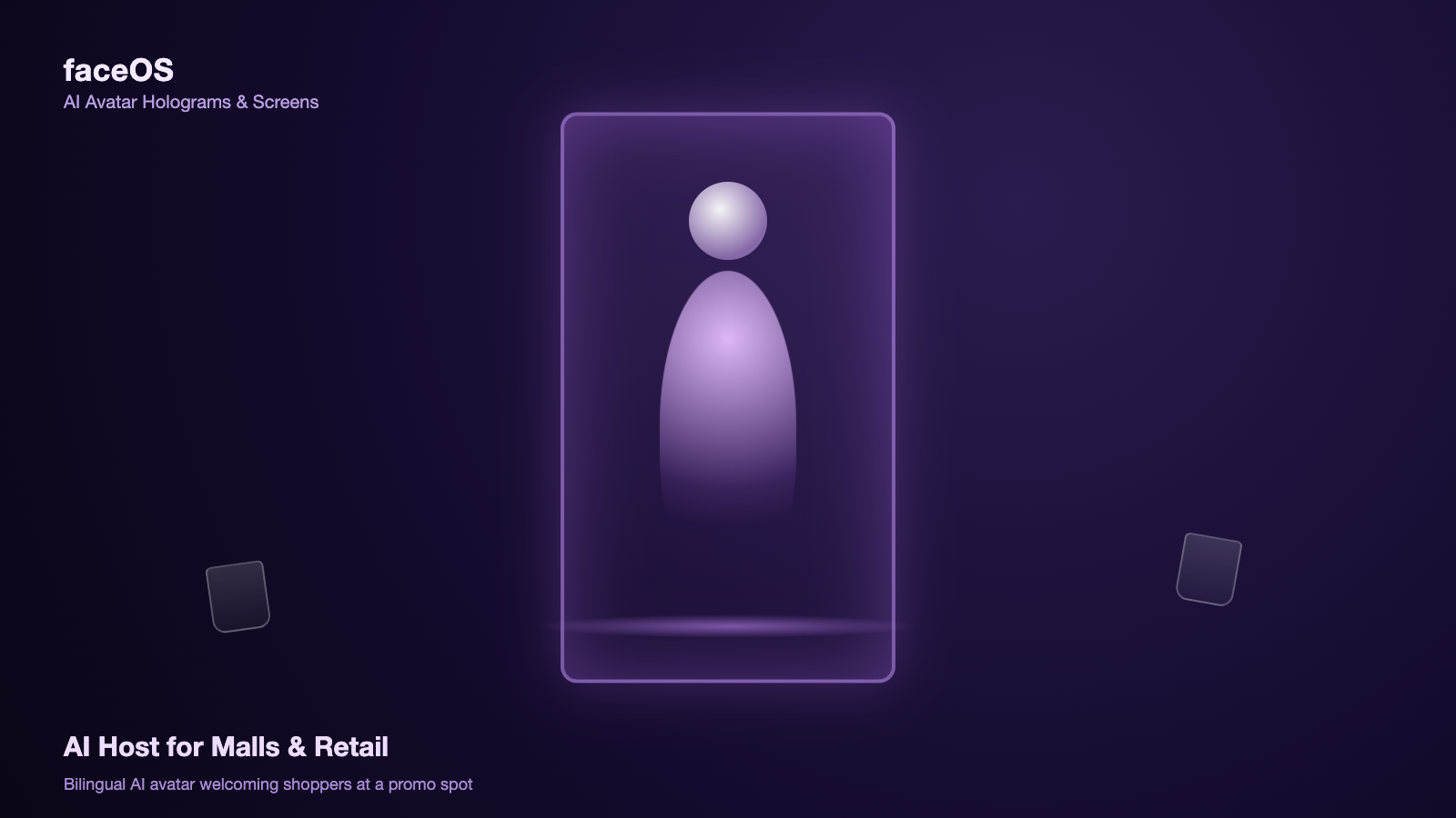 Illustration of a faceOS holobox with a glowing AI avatar, styled for a mall or retail activation