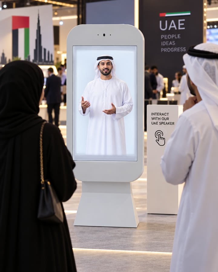 21-inch faceOS Holobox on a UAE expo stand showing an Emirati presenter, with visitors watching